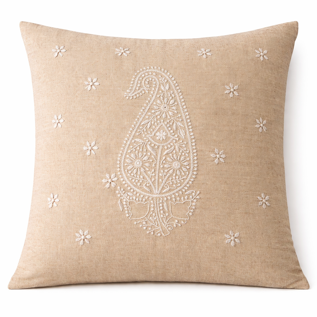 Ivory paisley chikankari cushion cover