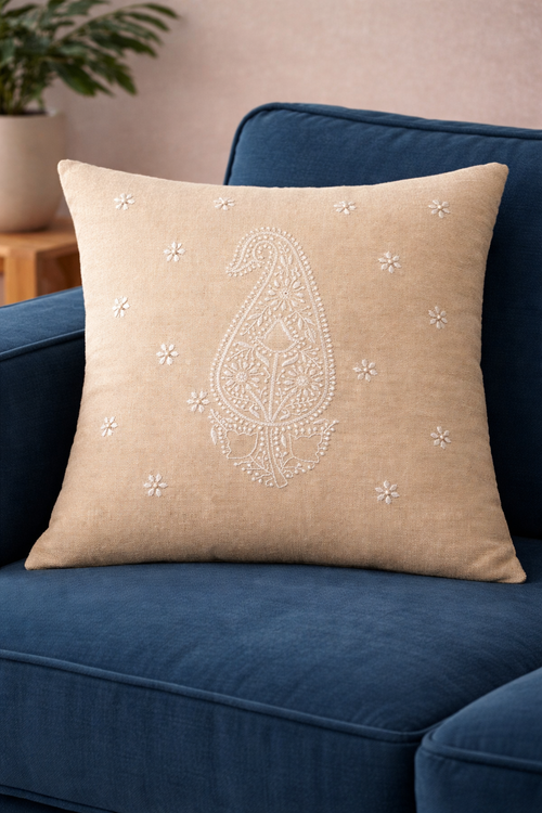 Ivory paisley chikankari cushion cover