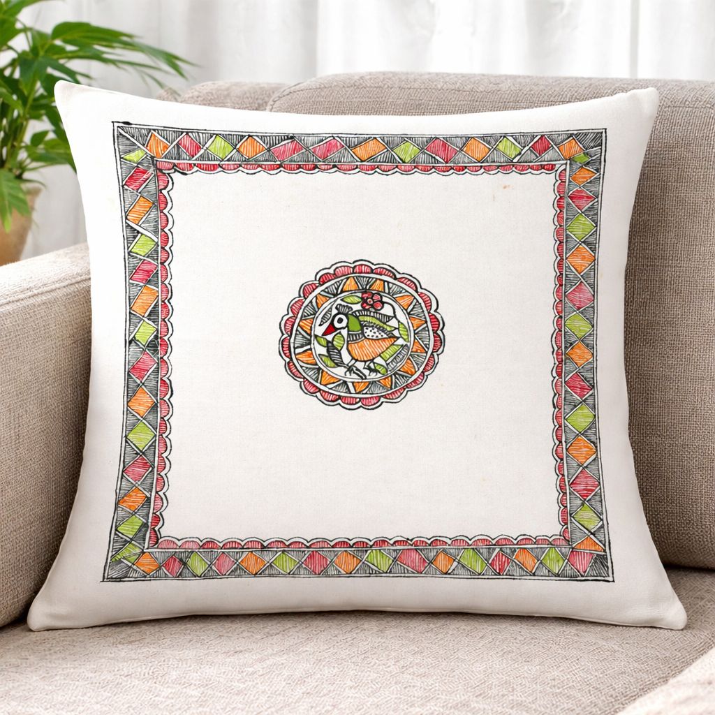 Madhubani flower peacock cushion cover