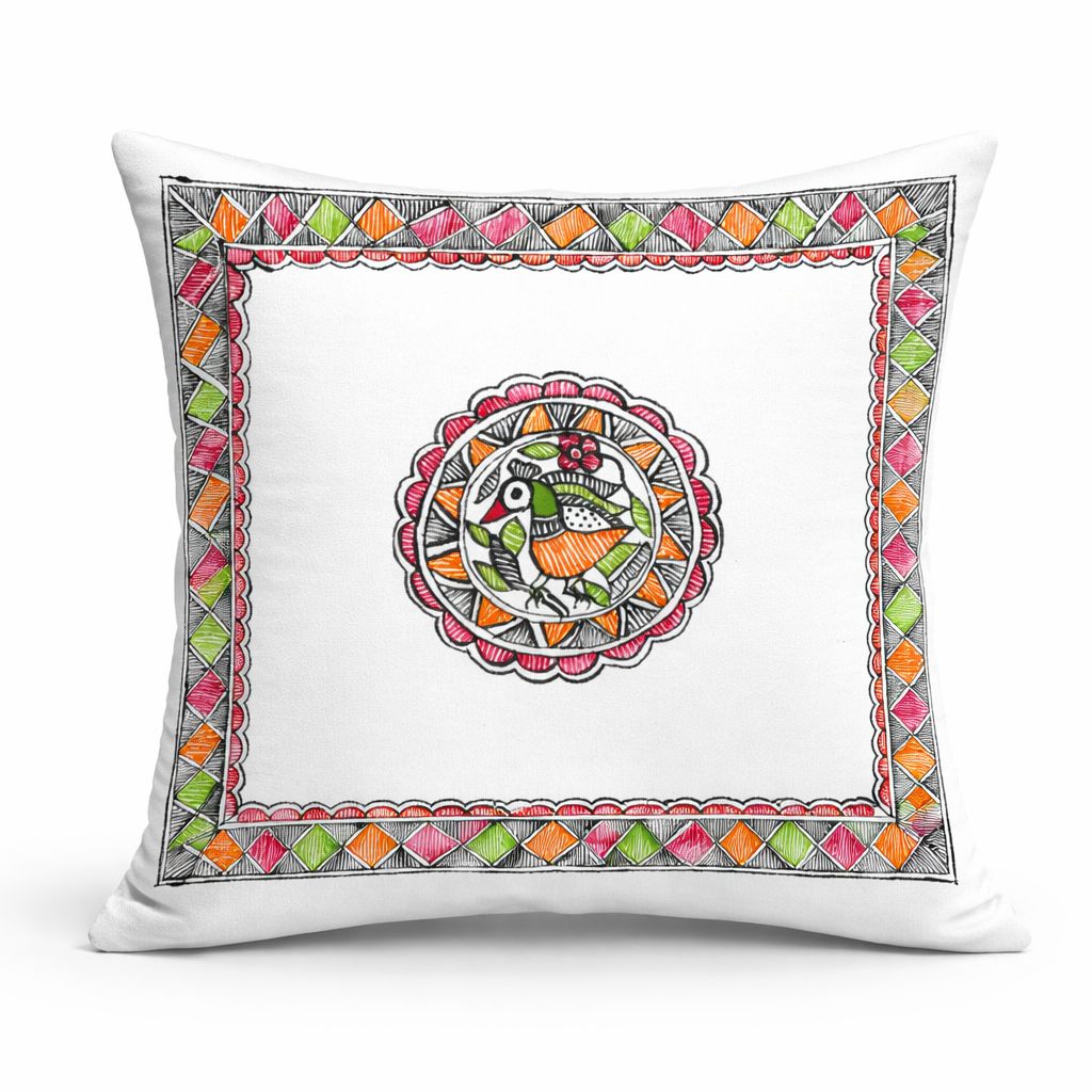 Madhubani flower peacock cushion cover