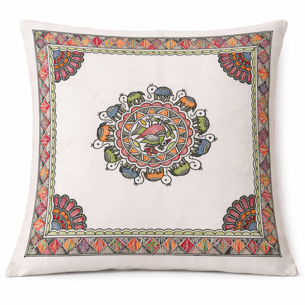 Madhubani elephant mandala cushion cover