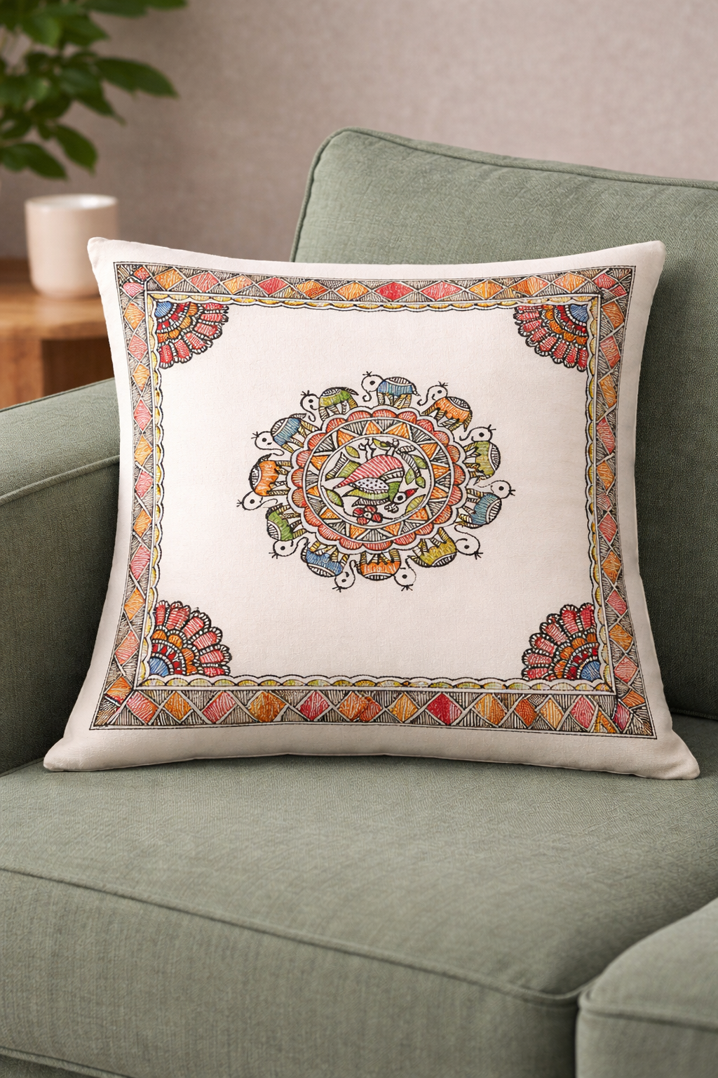 Madhubani elephant mandala cushion cover